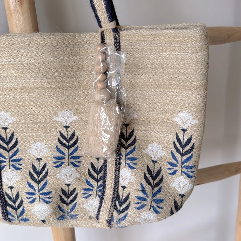 NEW Shiraleah Fiorella Natural Woven Jute Large Tote Bag Painted Floral Pattern